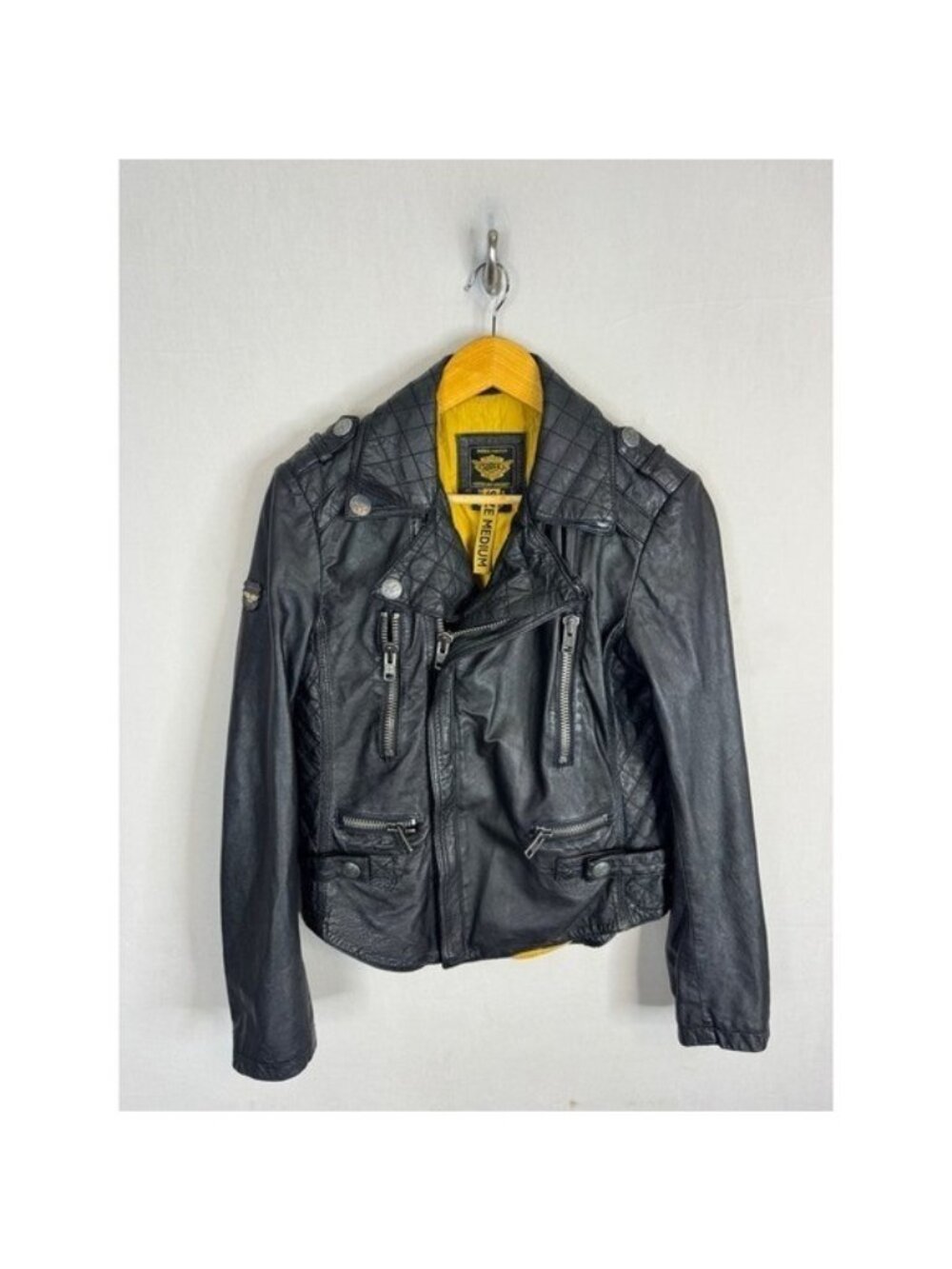 Superdry Biker Denim Black Leather Moto Jacket Quilted Yellow Lining M / S